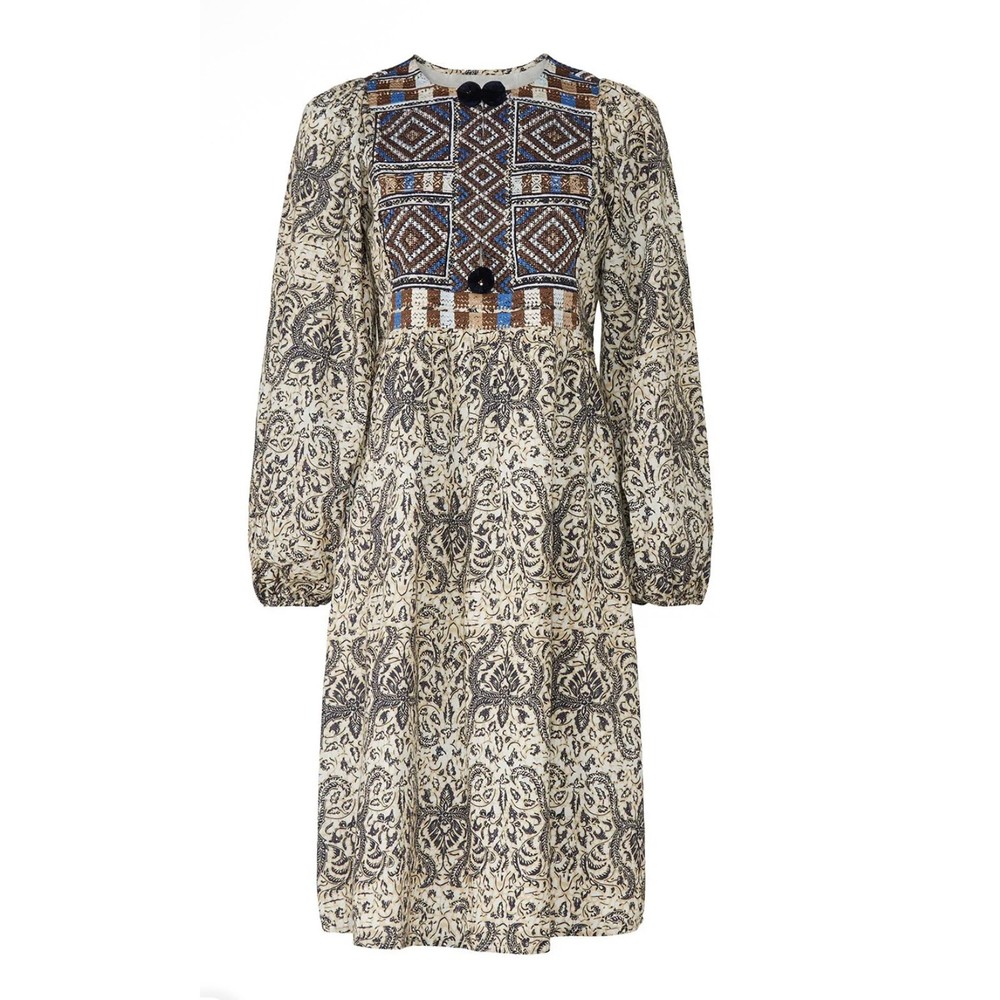 FIGUE Boho Baltic Embroidered Pom Pom Lucie Mini Puff Sleeves Dress Size XS