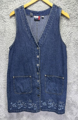 J.L. N.Y. Sport Vintage Denim Jumper Dress Medium Wash Floral Embroidered Size M