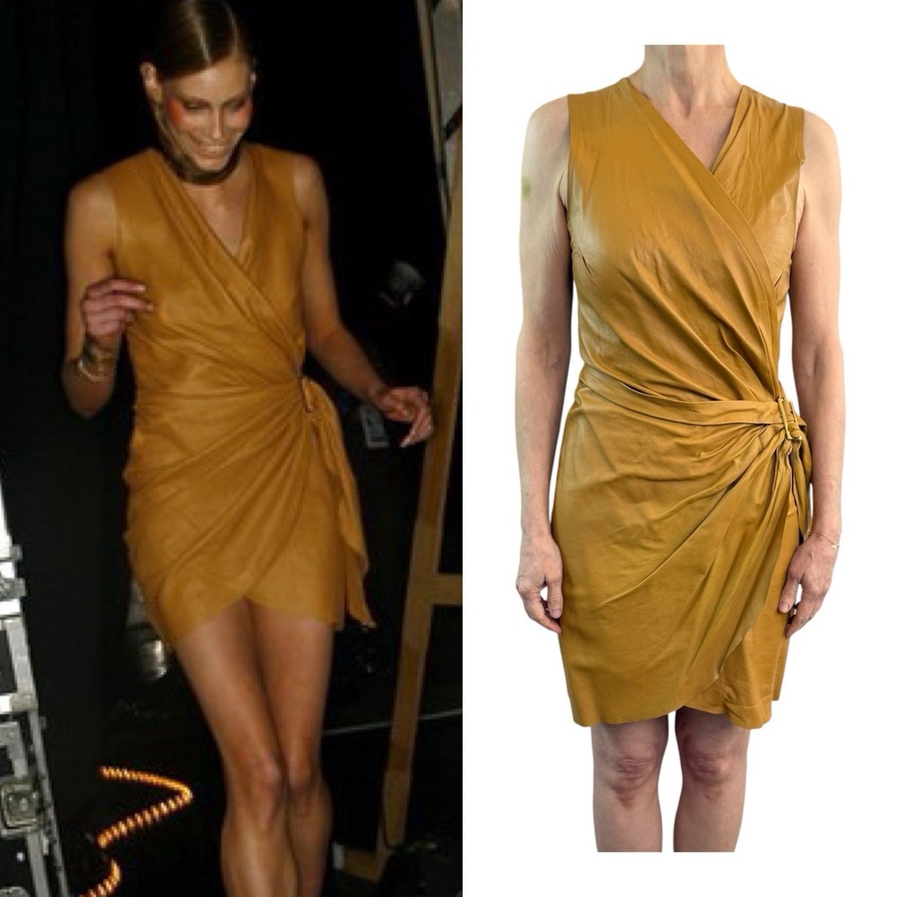 Kirrily Johnston Size 8 Aus 4 US Mustard Brown Leather Mini Wrap Dress Vintage