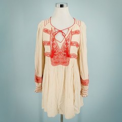Free People Size Small S Wind Willow Embroidered Tie Long Sleeve Boho Mini Dress