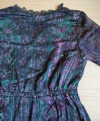 Frye Knee Length Dress Ruffle Buttons Lurex Green Purple Floral Size M Women&rsquo;s