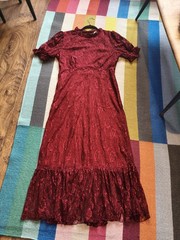 Finery Size 14 Dark Red Lace Dress Midi Bohemian 40s Victoriana