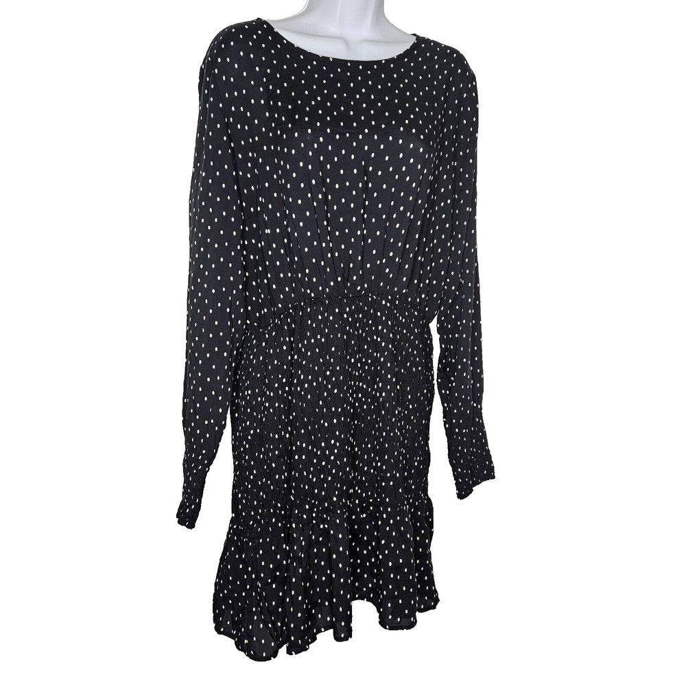 TOP SHOP 10 Black White Polka Dots Smocked Waist Long Sleeves Mini Dress