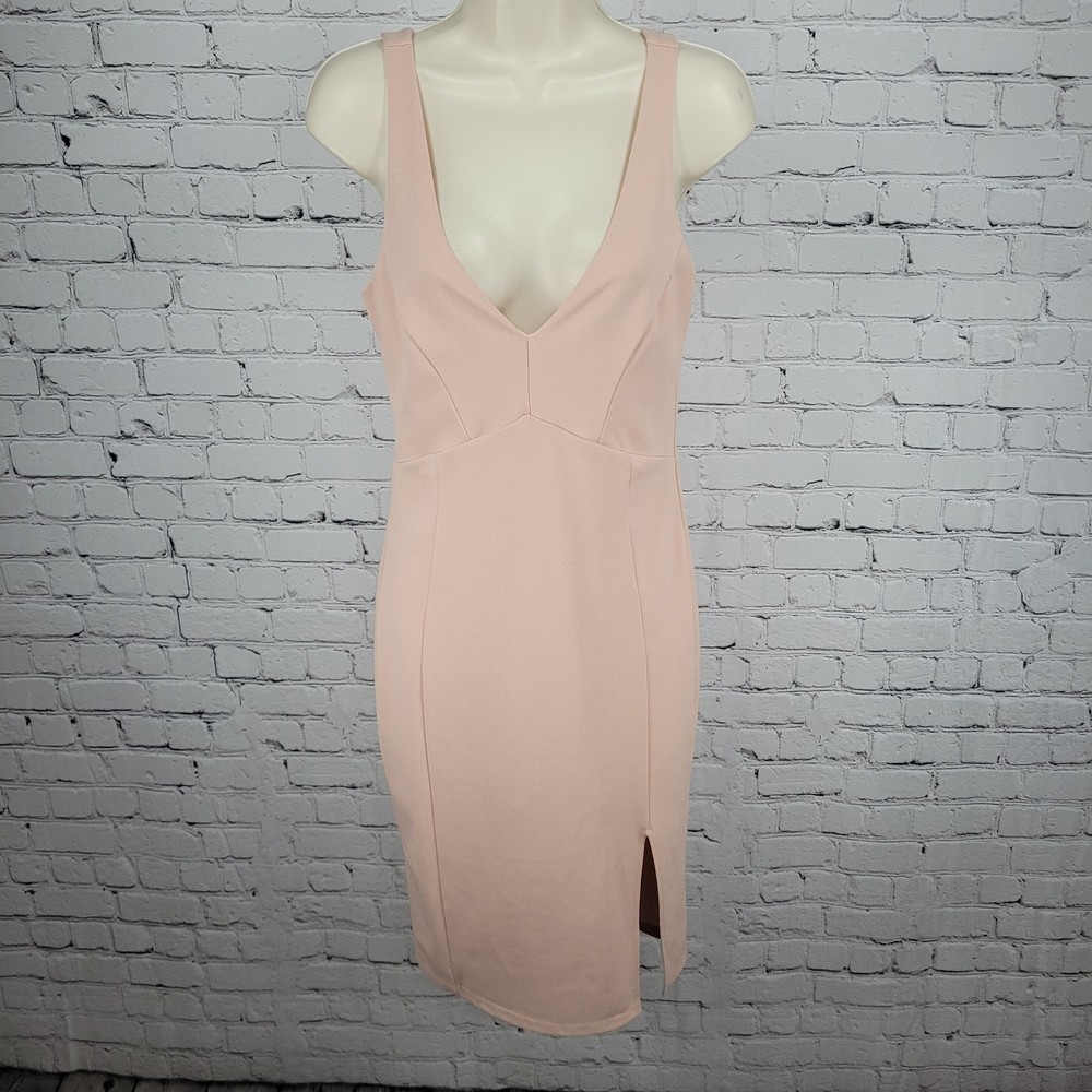 Lulus Pink Sleeveless Plunge Side Slit Stretch Lined Midi Bodycon Dress USA M