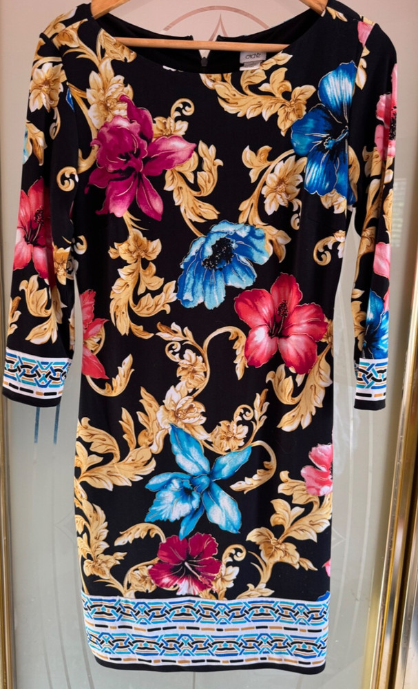 CACHE VTG SIZE 8 Multi Gold/Red/Blue/Black Poly/Spandex Blend Floral Sheath