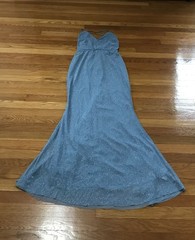 Blue Solid Glitter V-Neck Spaghetti Strap Long Formal Gown Bow Ruffle Adjust