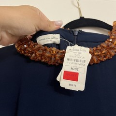 Dries Van Noten Navy Beaded Round Neck A-Line Midi Dress Long Sleeve 40