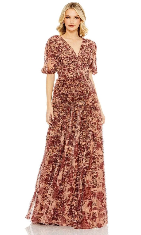Mac Duggal Beige Burgundy Multi Floral Print Ruffled Mesh Gown Size 20 $498