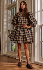 New WOMEN&rsquo;S SUMMERSALT Tiered Mini Dress Buffalo Check Blue Tan Sz Small