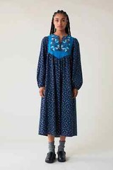 Leon & Harper ROBE ROMAIN BELLIS Floral Printed Blue Round Neck Midi Dress New L