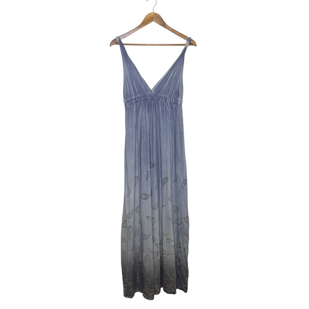 Gypsy 05 Gray 100% Cotton Metallic Silver Paisley Ombre Maxi Dress Medium
