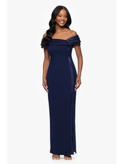 Betsy And Adam Navy Blue Off-The-Shoulder Organza Crepe Dress Size 12 $268