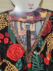 🌹ONE SZ 14-3X🐆 ELEGANT EMILY Red Roses CHEETAH Sequin KAFTAN Lounger Dress