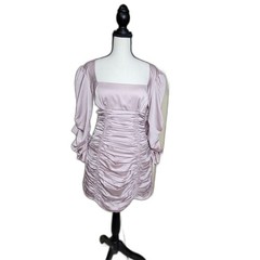 ASOS Women&rsquo;s Size 8 US Blush Pink Satin Ruched Bodycon Mini Dress Puff Sleeve