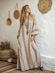Boho V-Neck Printed Kaftan Dress 3/4 Sleeve Loose Indo-Western Midi Plus S-5XL