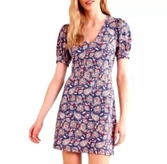 NWT BODEN V Neck Puff Sleeve Paisley Print Jersey Mini Dress 100% Cotton Sz 2R