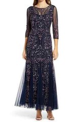 NWT $268 Pisarro Nights Sequin Beaded Illusion Mesh 3/4 Sleeve Gown Navy 2
