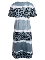 Womens V Neck Tie Dye Leopard Casual T-Shirt Dress Summer Short Sleeve Dresses