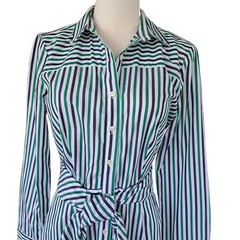 J. CREW Tie-waist Midi Shirt Dress Green & Navy Stripe Poplin Size 4
