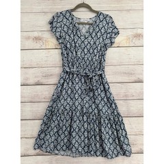 Lucky Brand Midi Dress Womens PL Blue Leaf Print Flutter Sleeve Tie Waist