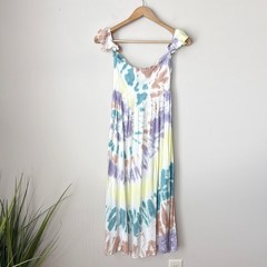 NWT Chaser Tie Dye Ruffle Off-Shoulder Button Front Midi Dress Womens Size Small