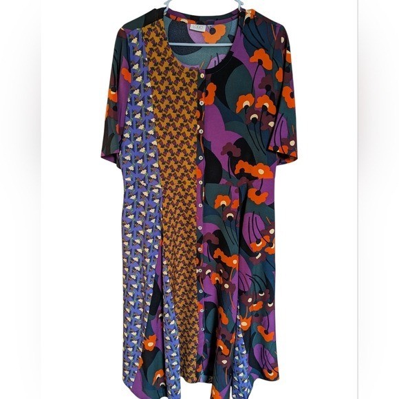 LOGO By Lori Goldstein Rich Plum Patchwork Button Front Crepe Midi Dress Size Md