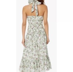 NWT cinq a sept SILK Blend Dover Halter Neck Midi Dress Smocked Waist Size 6