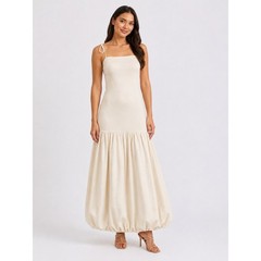 Illa Illa Cream Drop Waist Bubble Hem Maxi Dress Size Large Tie Strap Ribbed