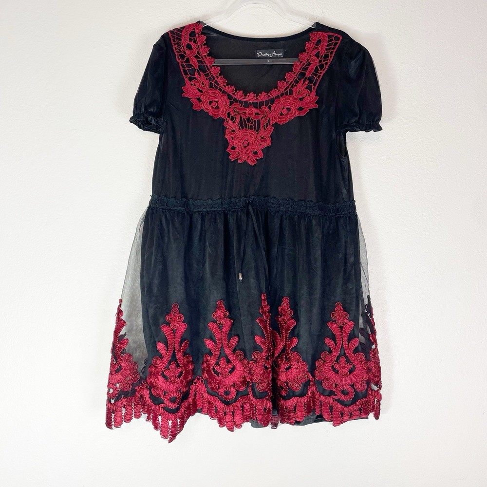 Pretty Angel Dress Large Mini Boho Black Red Silk Blend Dark Romantic Gothic L