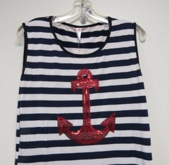 Maxi Summer Dress Navy & White Stripes W Red Sequins Anchor Sz L