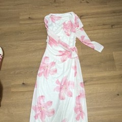 Women’s S White Pink Floral One Shoulder Ruched Long Maxi Chiffon Dress