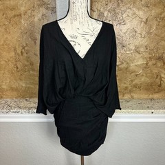 Free People Ruched Wrap Mini Dress Womens XS Dolman or Batwing Sleeve Knit Black