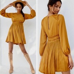 NWT!! Anthropologie MAEVE Saniya Mini Dress Solid Gold Pleated Flirty Small