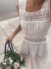 DOEN Spring/Summer Square Collar Lace Splicing Waist Sleeveless Dress