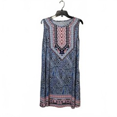 Blue Sleeveless Boho Chic Abstract Printed Casual Pockets Swing Dress Size Large
