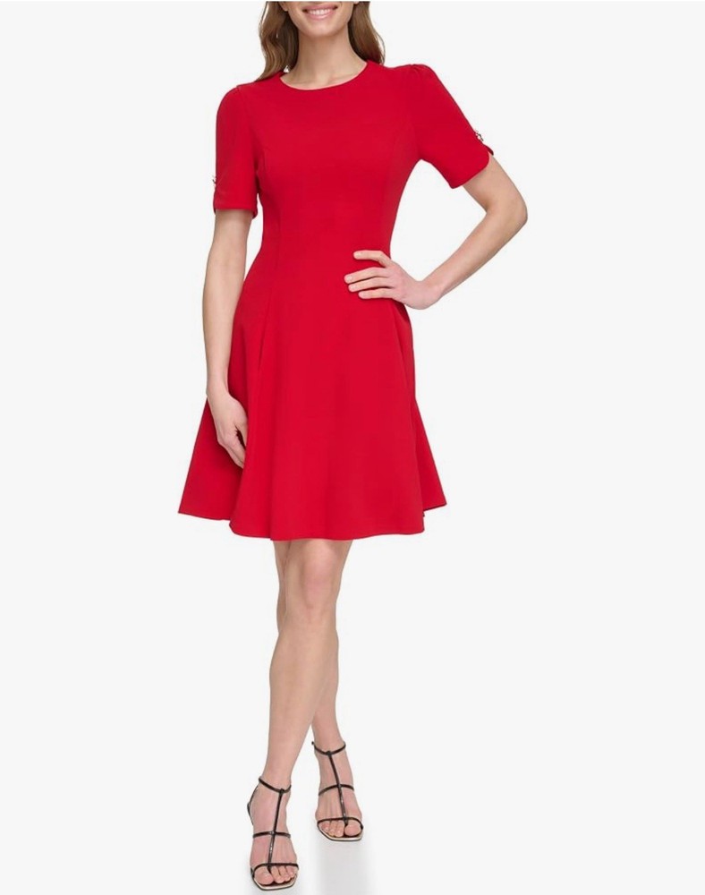 DKNY Women’s Size 16 Red Fit & Flare Short Sleeve Jewel Neck Mini Dress