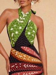 Tropical Leaf Print Halter Midi Dress Resort Vacation Elegance