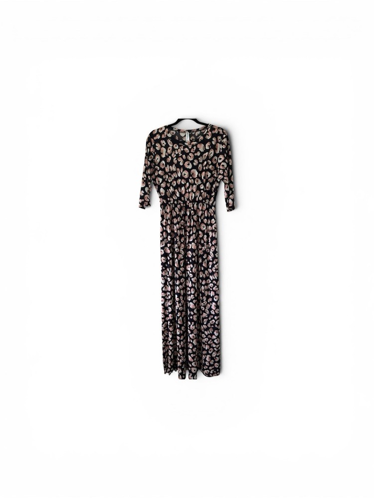 Paisley Grace L NAVY Pink White Leopard Print Maxi Dress Round Neck 3/4 Sleeve