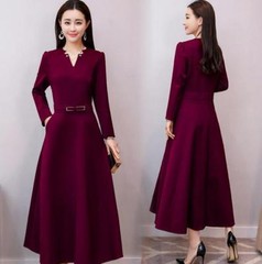 Womens V-Neck Slim Fit Belted Maxi Dress Elegant Long Sleeves Party Ball Gown