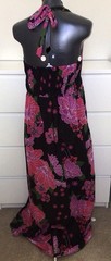 100% Cotton Tropical Pink Hibiscus Maxi Dress 14 Beaded Halterneck Boho Holiday