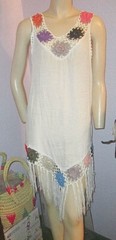 Vtg 70s Sheer Crochet Fringe Dress Size L Beach Coverup Bohemian Hippie Coquette