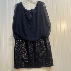 Aidan Mattox Navy Blue Sequin Lace Blouson Mini Dress Size 12 Flutter Sleeve Y2K