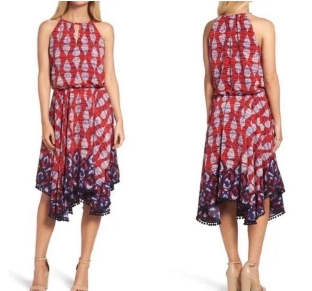 Maggy London Red Blue Geometric Pom Pom Trim Halter Sleeveless Midi Dress 8P