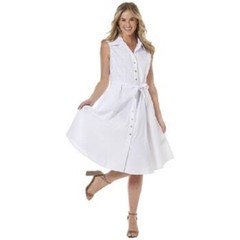 SHARAGANO White Belted Waist Tie Gold Button Sleeveless Shirt Dress 14 Nordstrom
