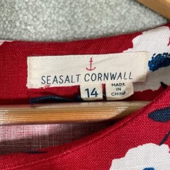Seasalt Cornwall 100% Linen Sol Blaze Red Tunic Floral Pockets 3/4 Sleeve Uk14