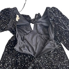 Listicle Women’s S Black Sequin Velvet Long Puff Sl. Tie Front Mini Dress LD1295
