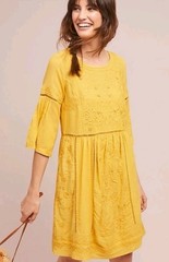 Anthropologie Mustard Yellow Embroidered Crochet Tunic Mini Dress Floral, Size M