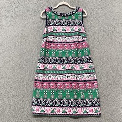 Talbots Dress Womens 12 Pink Striped Floral Paisley Sheath Fringe Trim Colorful