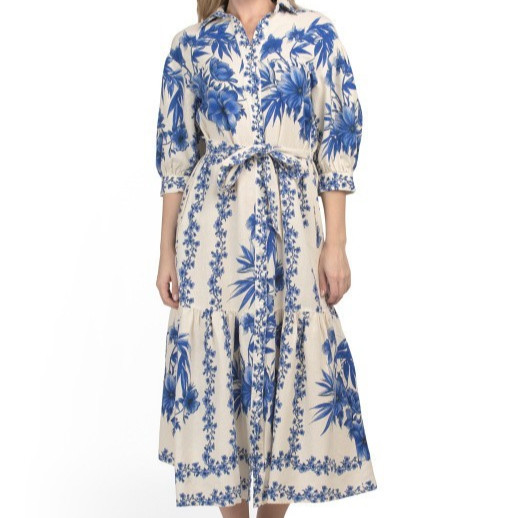 NWT CALYPSO ST. BARTH Linen Blend Blue & White Flowers Belted Maxi Shirt Dress L