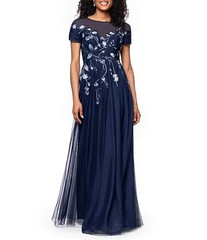 Betsy & Adam Navy Blue Embroidered Sequin Floral Bodice Mesh Gown Size 10 $319